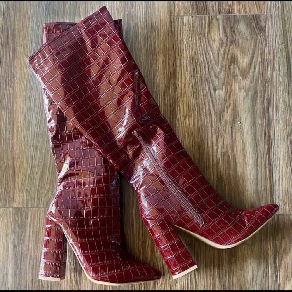 Maroon knee high boots